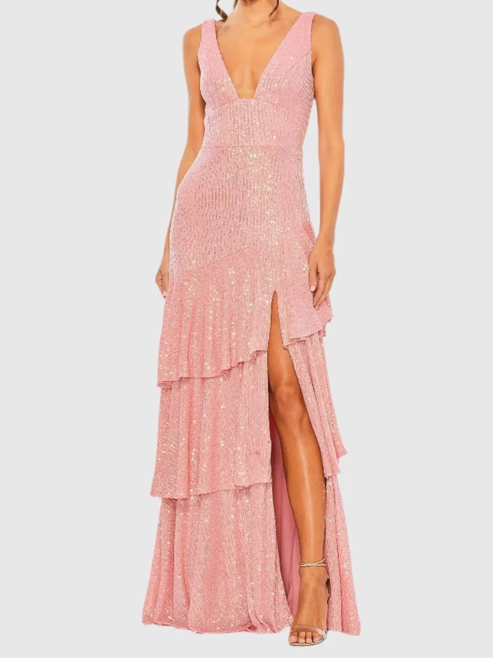 Ieena For Mac Duggal 27046 Coral Sequin Asymmetrical Ruffle Tiered Gown